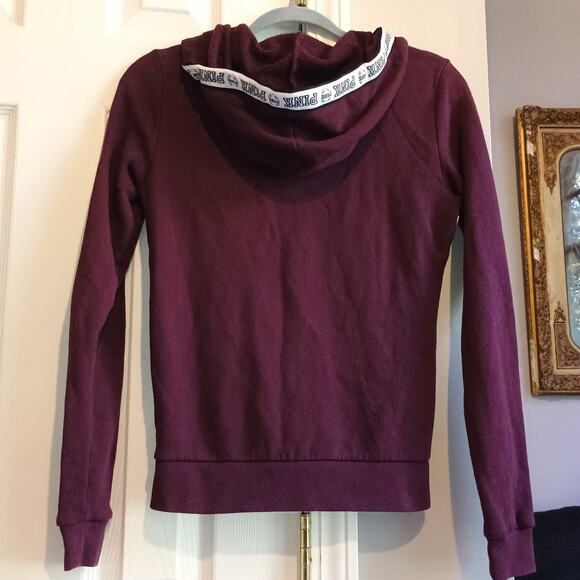 PINK Victoria's Secret Full Zip Hoodie XS Maroon White Black Stripe Mesh 2016 - Picture 5 of 12
